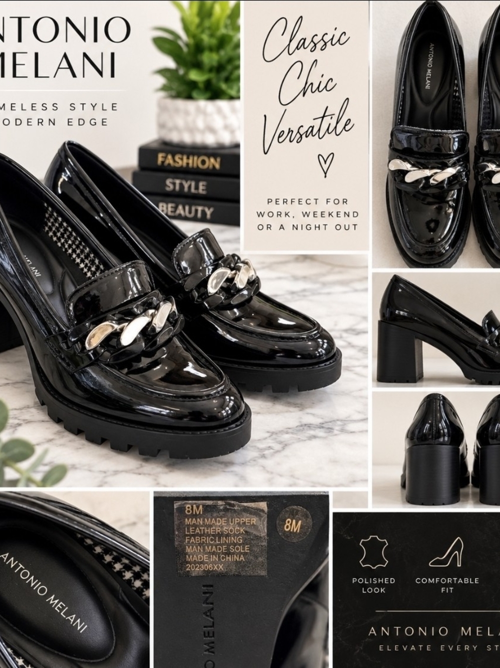 Antonio Melani Women’s Black Patent Chain-Accent Block Heel Loafers